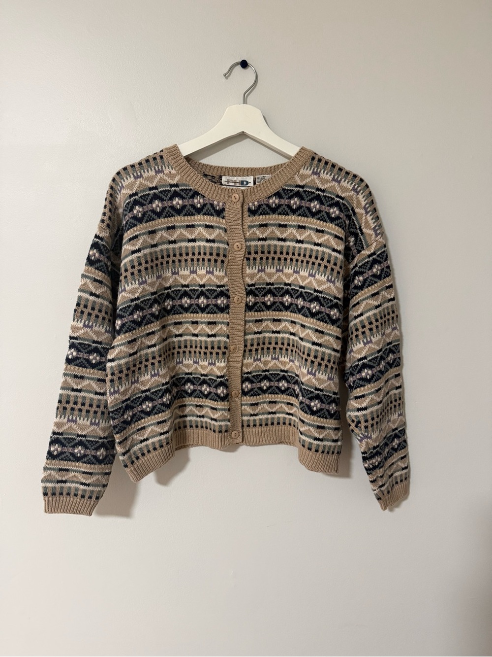 Beige Patterned Button-Front Women's Cardigan Sweater